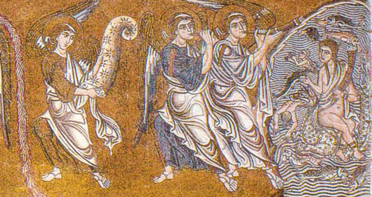 Detail of a mosaic depicting three angels playing musical instruments, accompanied by a figure in a dramatic scene, possibly from the Last Judgement narrative.
