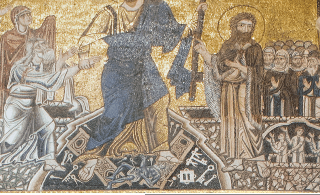 Detail of a mosaic from the Basilica of Santa Maria Assunta in Torcello, depicting Christ in a mandorla, flanked by figures such as John the Baptist and angels, with a vibrant golden background.