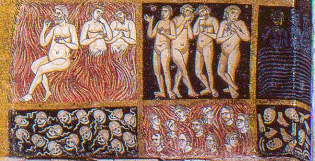 Mosaic artwork depicting scenes from the Last Judgement, featuring figures in various poses and expressions, arranged in four quadrants with colorful backgrounds.