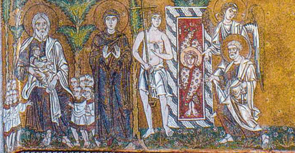 Mosaic from the Basilica of Santa Maria Assunta in Torcello, depicting religious figures including Jesus, Mary, and saints, surrounded by colorful backgrounds and intricate details.