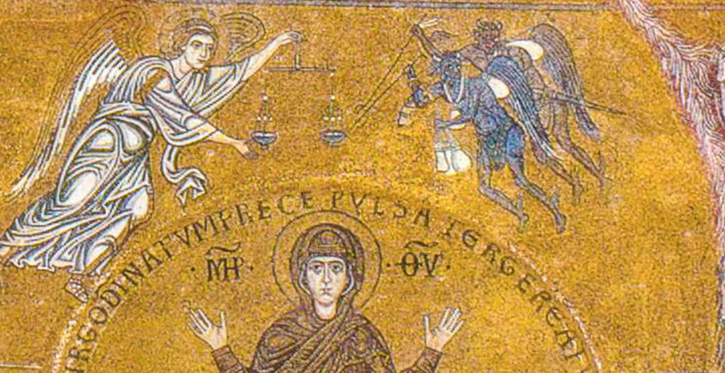 Detail of a mosaic from the Basilica of Santa Maria Assunta in Torcello depicting an angel weighing souls, with Christ below.