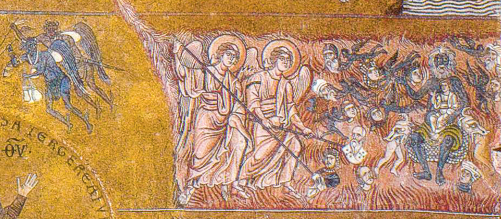 Detail of the mosaic in the Basilica of Santa Maria Assunta on Torcello, depicting angels and figures involved in the Last Judgment scene.