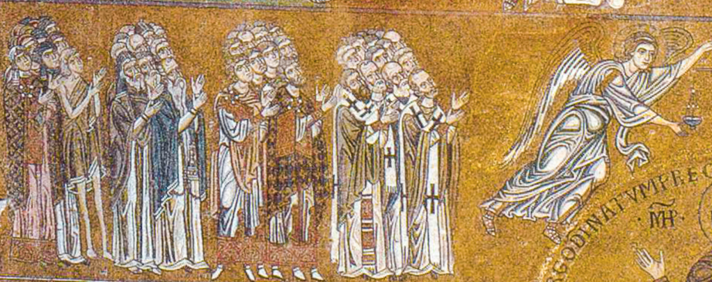 Detail of the 'Last Judgement' mosaic from the Basilica of Santa Maria Assunta in Torcello, featuring angels and figures of the faithful awaiting judgement.